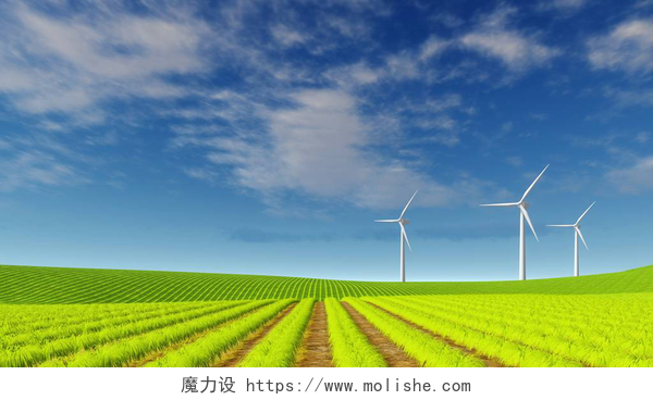 蓝天下的农作物景观生态农业领域的风力发电机